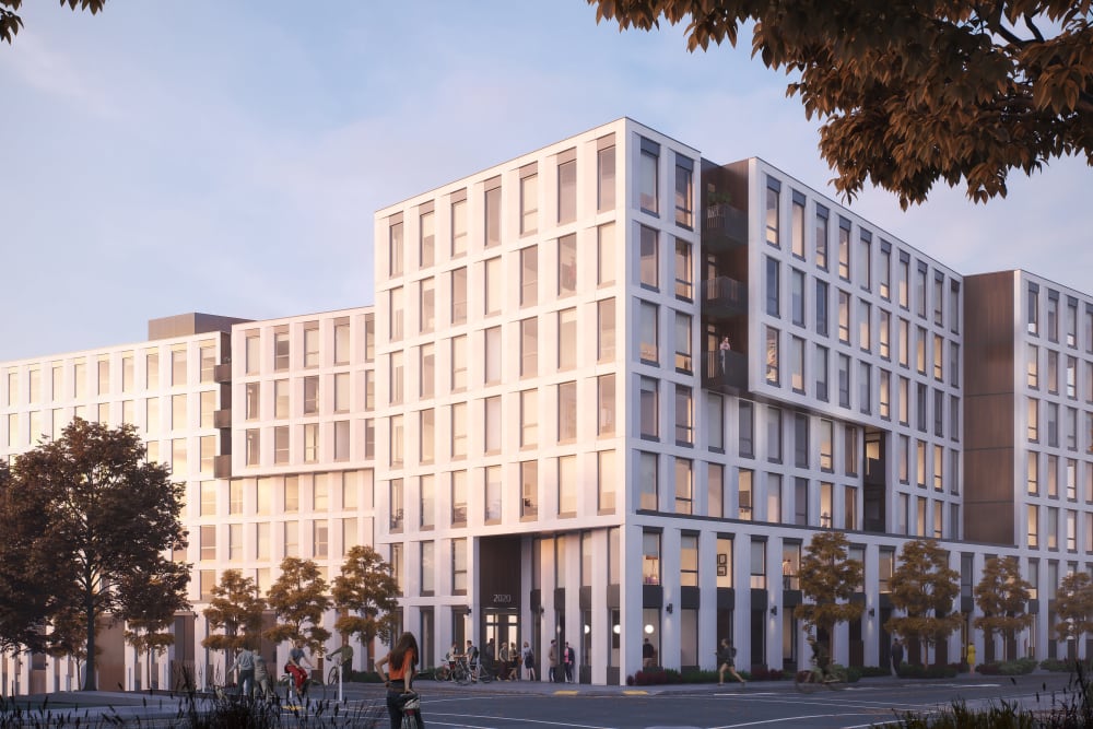 Exterior view of our luxury high-rise community at TwentyTwenty Apartments in Portland, Oregon