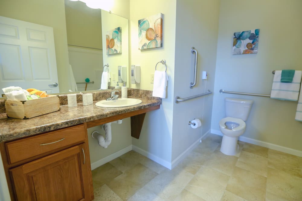 An apartment bathroom attached to the bedroom at Harmony at Chantilly in Herndon, Virginia