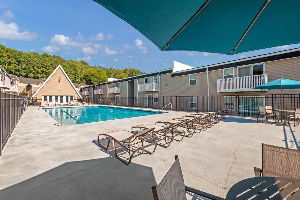 Large community pool area at The Reserve at Red Bank Apartment Homes in Chattanooga, Tennessee