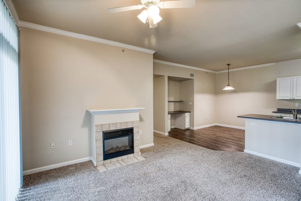 Carpeted living room with a fireplace at Reserve at South Creek in Englewood, Colorado