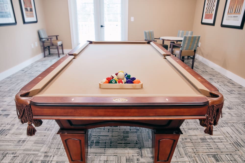 A billiards table in the activity room at Harmony at West Ashley in Charleston, South Carolina