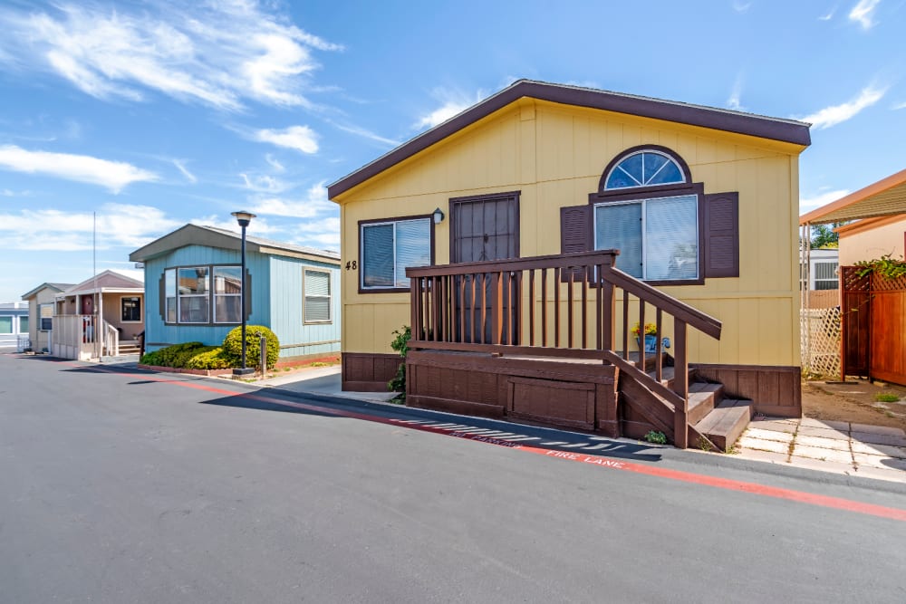 Front entry into mobile home at Bayside Palms in San Diego, California