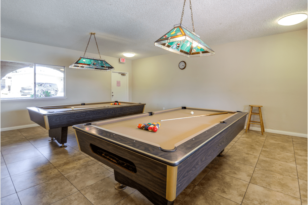 Billiard tables in the clubhouse at Linda Vista Village in San Diego, California