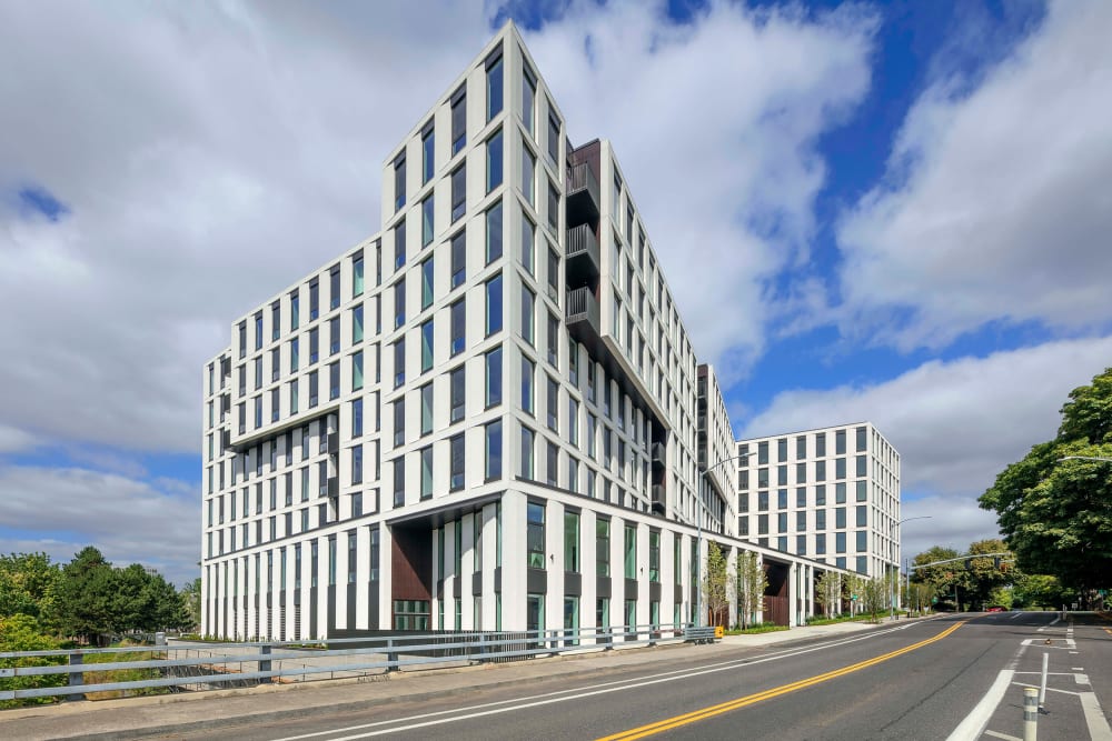 Exterior view of our luxury high-rise community at TwentyTwenty Apartments in Portland, Oregon