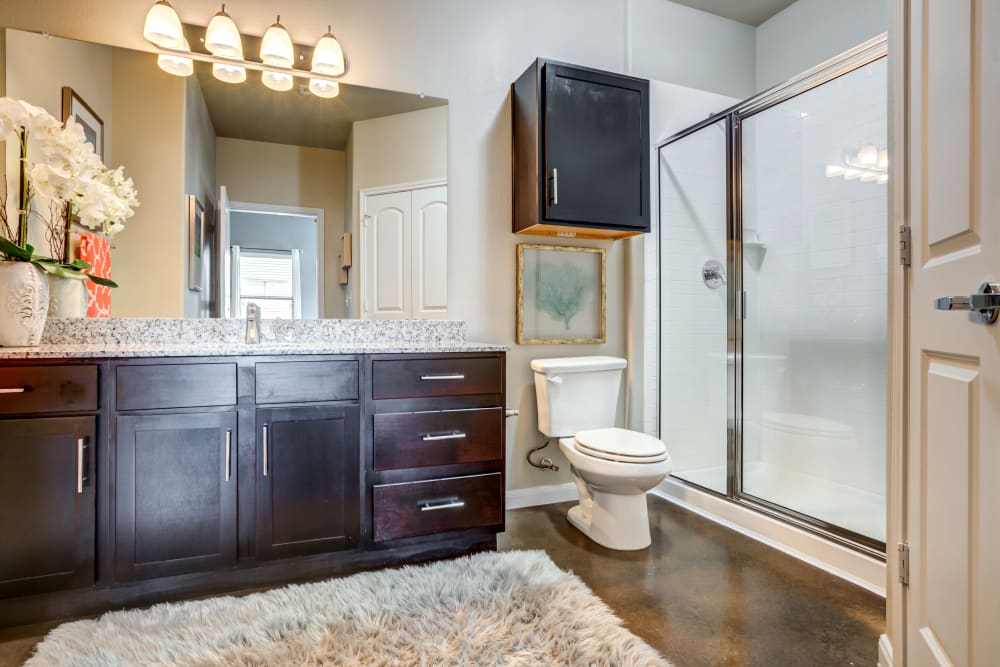 Roomy bathroom with dark wood cabinetry at Legacy Brooks in San Antonio, Texas
