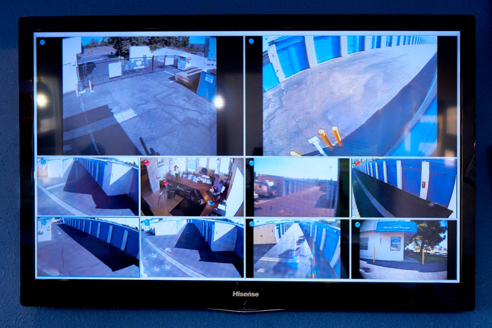 A television displaying security camera footage at Stor'em Self Storage in San Marcos, California