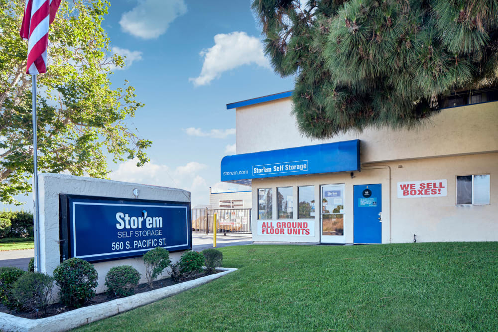 The sign in front of Stor'em Self Storage in San Marcos, California