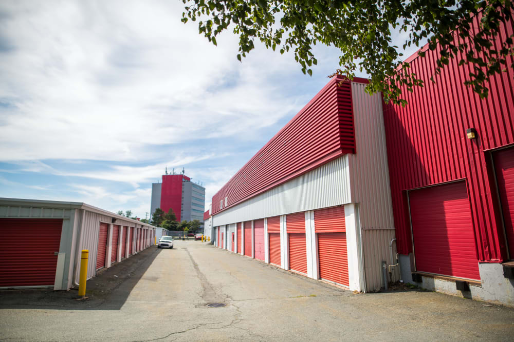 Red door at the exterior of Apple Self Storage - Dartmouth in Dartmouth, Nova Scotia