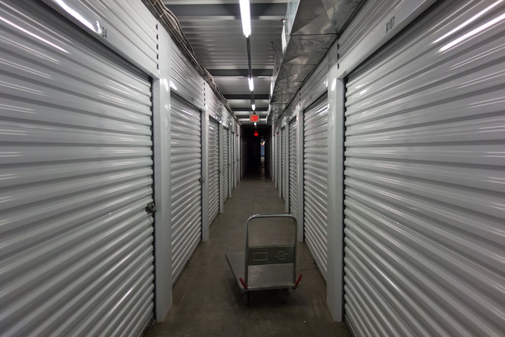 A cart in the hallway between units at D Street Storage in Salem, Oregon