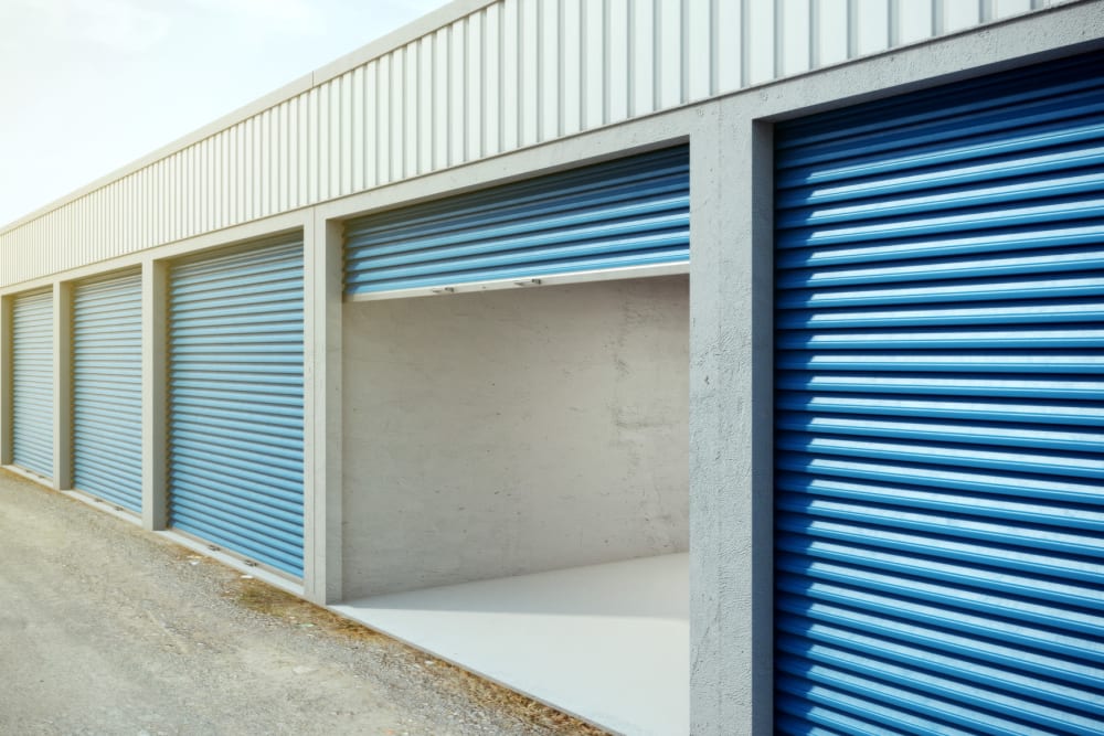 An open storage unit at American Self Storage in Defuniak Springs, Florida