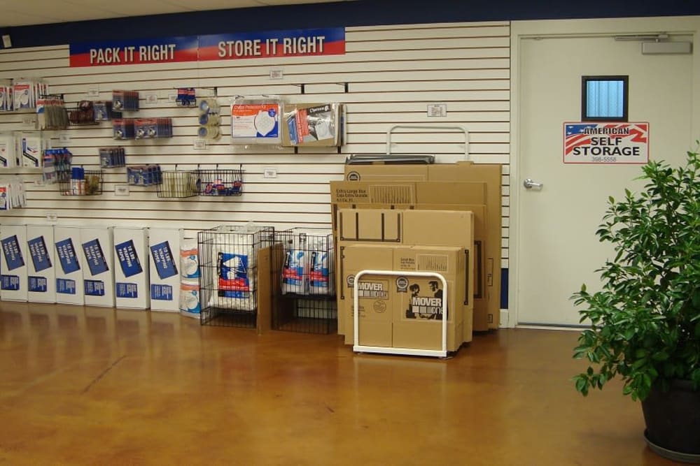 Packing supplies next to the front desk at American Self Storage in Crestview, Florida