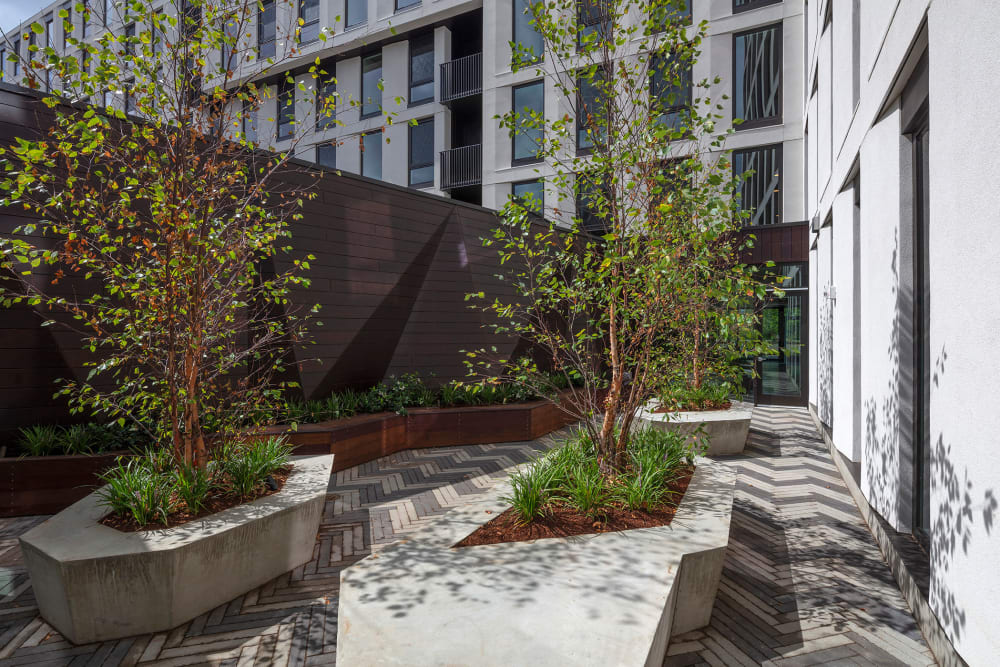 Unique architecture and landscaping in one of the outdoor common areas at TwentyTwenty Apartments in Portland, Oregon