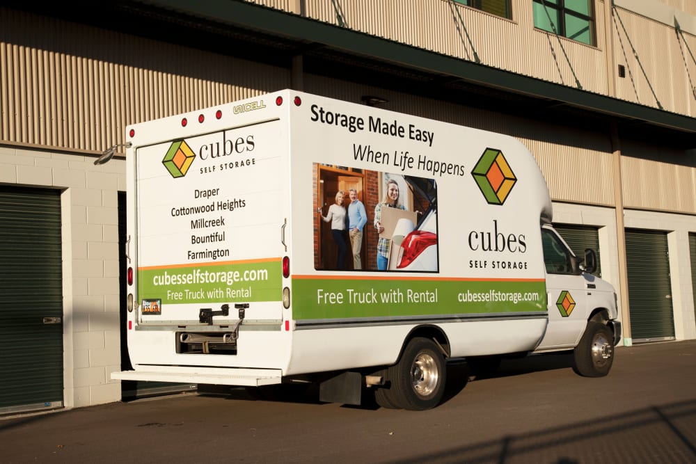 A moving truck from Cubes Self Storage in Cottonwood Heights, Utah