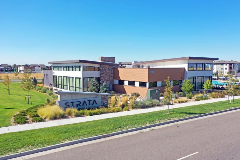 Exterior and Aerial of Leasing Office at Strata Apartments in Denver, Colorado