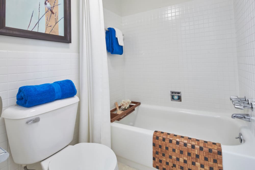 Bathroom with oval tub and shower at Kensington Manor Apartments in Farmington, Michigan