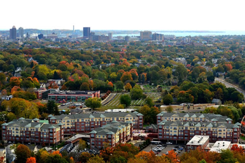 Aerial view of Westville Village Apartments in New Haven, Connecticut