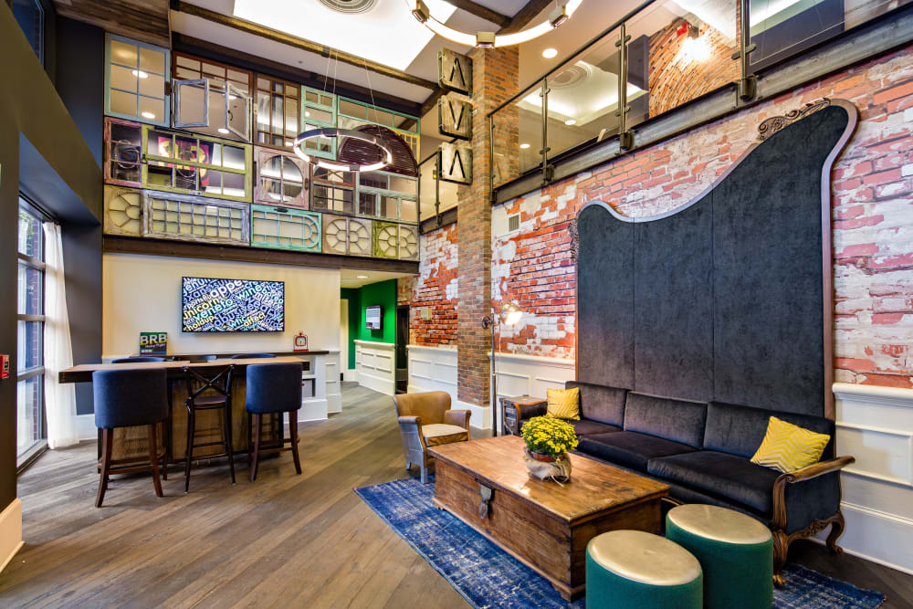 Urban architecture in the resident clubhouse at Sofi at 50 Forest in Stamford, Connecticut