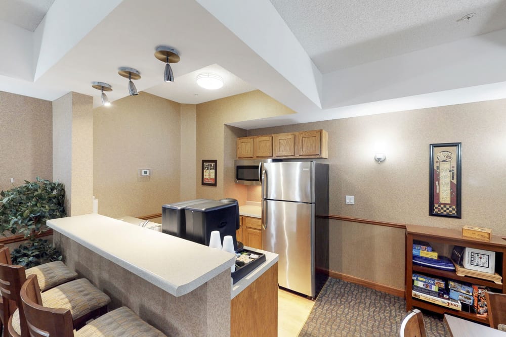 Well-equipped community kitchen at Oaks Hiawatha Station in Minneapolis, Minnesota