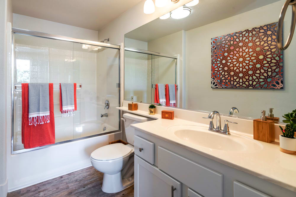 Bathroom with a large vanity mirror at Sofi Shadowridge in Vista, California