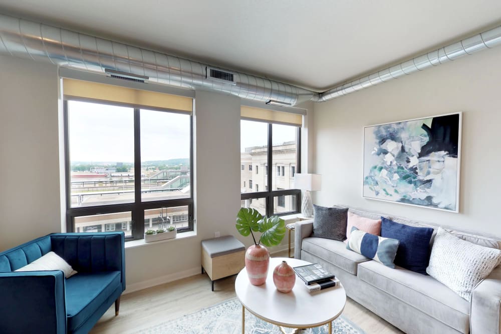 Spacious living room at Oaks Union Depot in St. Paul, Minnesota