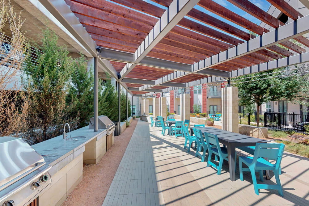 Outdoor patio in 5th Street Crossing City Center's courtyard in Garland, Texas