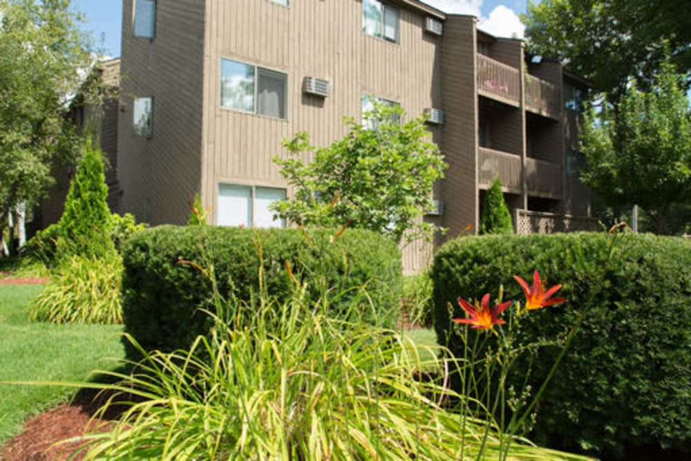 Lush landscaping at London Court Apartments in Merrimack, New Hampshire