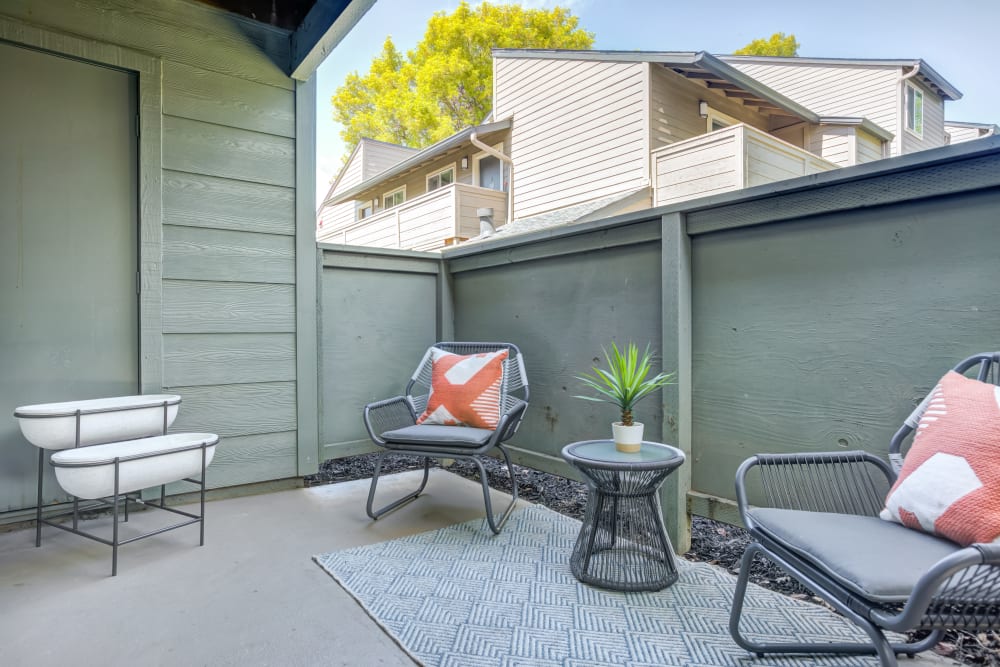 Private patio outside a model home at Sofi Union City in Union City, California