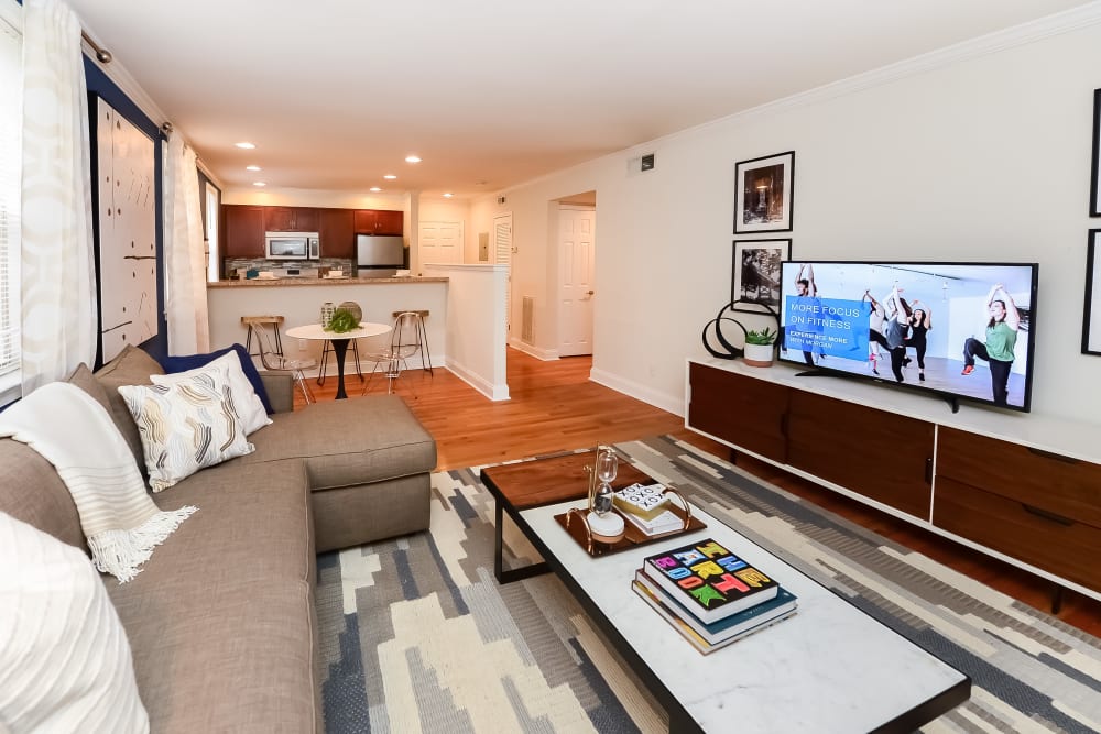 Relax and watch TV in the living room at The Villas at Bryn Mawr Apartment Homes