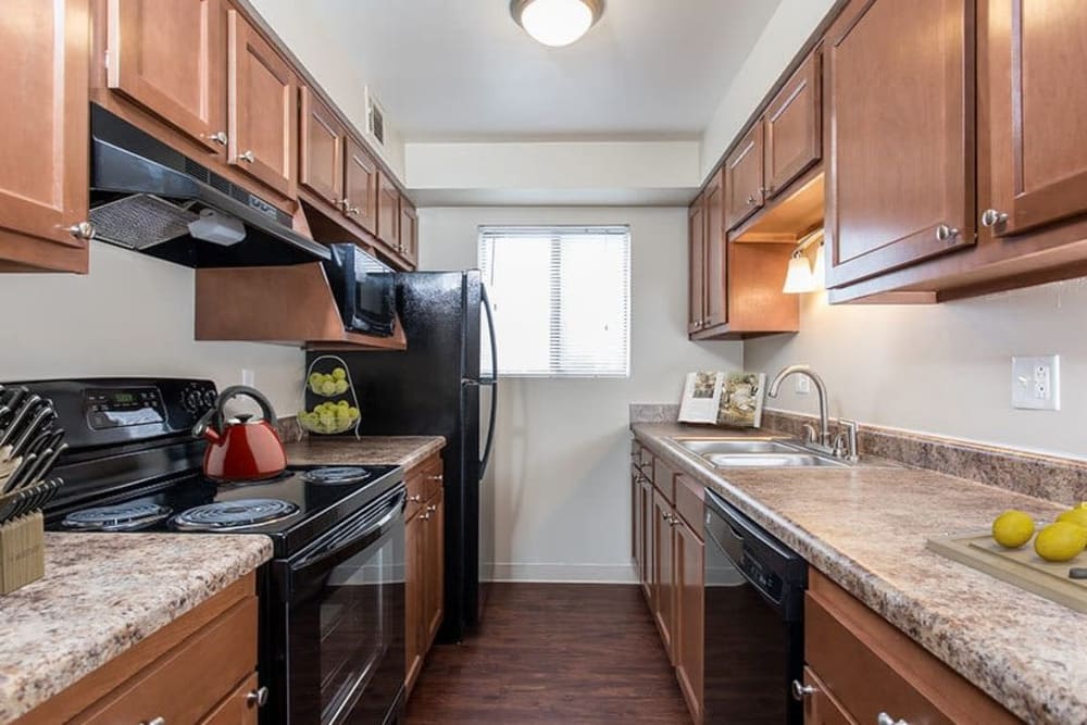 Bright, spacious kitchen at Crossroads Apartments & Townhomes in Spencerport, New York.