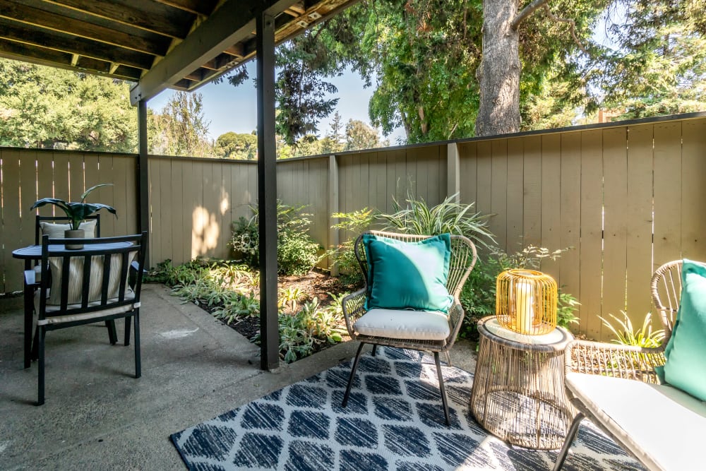 Large private patio outside a model home at Sofi Fremont in Fremont, California