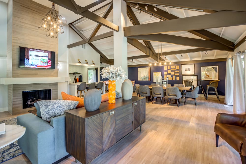 Flatscreen TV above the fireplace in the clubhouse at Sofi Fremont in Fremont, California