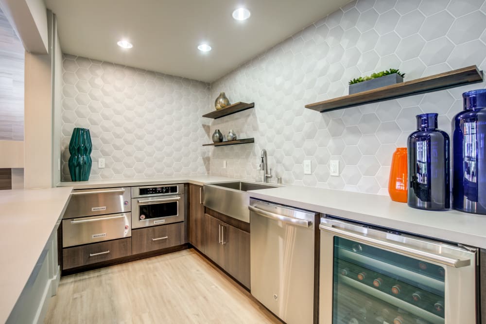 Demonstration kitchen for resident use in the clubhouse at Sofi Fremont in Fremont, California