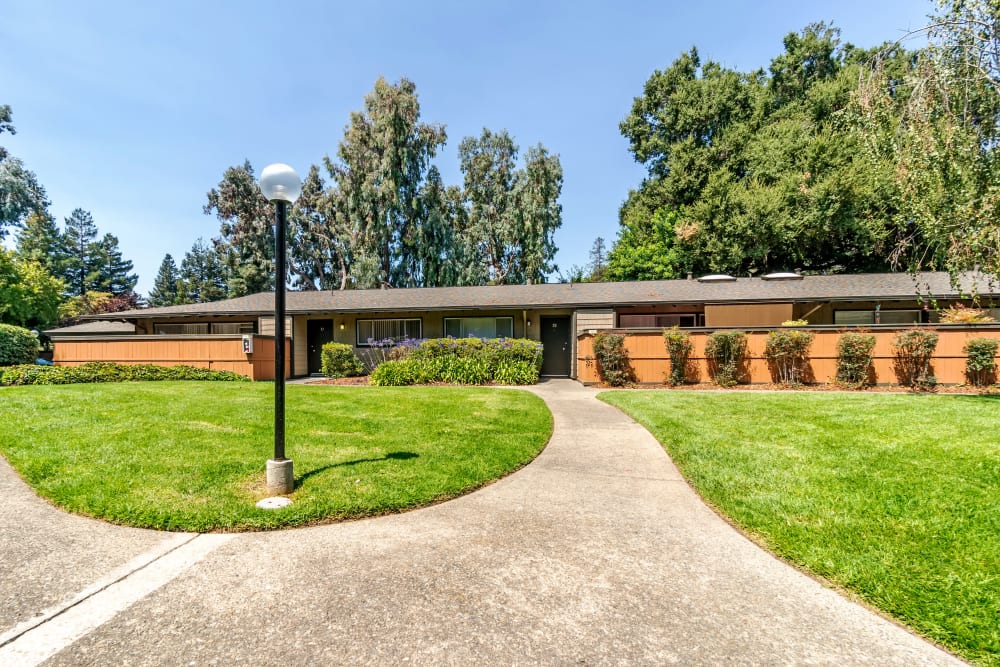 Well-maintained lawns and winding walkways outside resident buildings at Sofi Fremont in Fremont, California