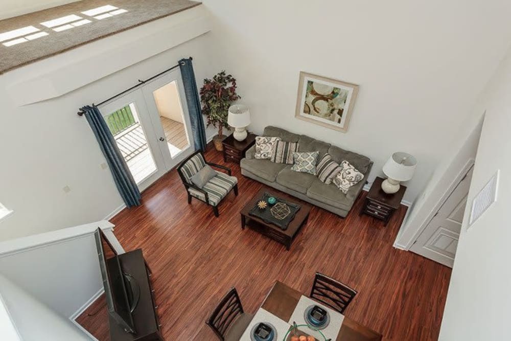 Overhead view of the living room of a townhome at Gateway Landing on the Canal in Rochester, New York
