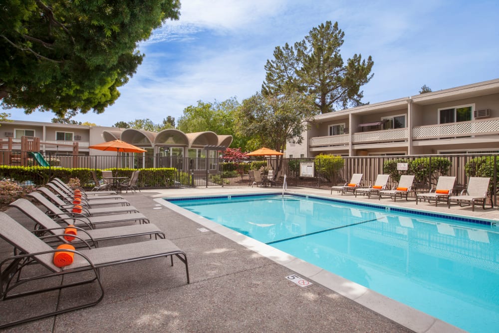 Sparkling swimming pool at Halford Gardens Apartments in Santa Clara, California