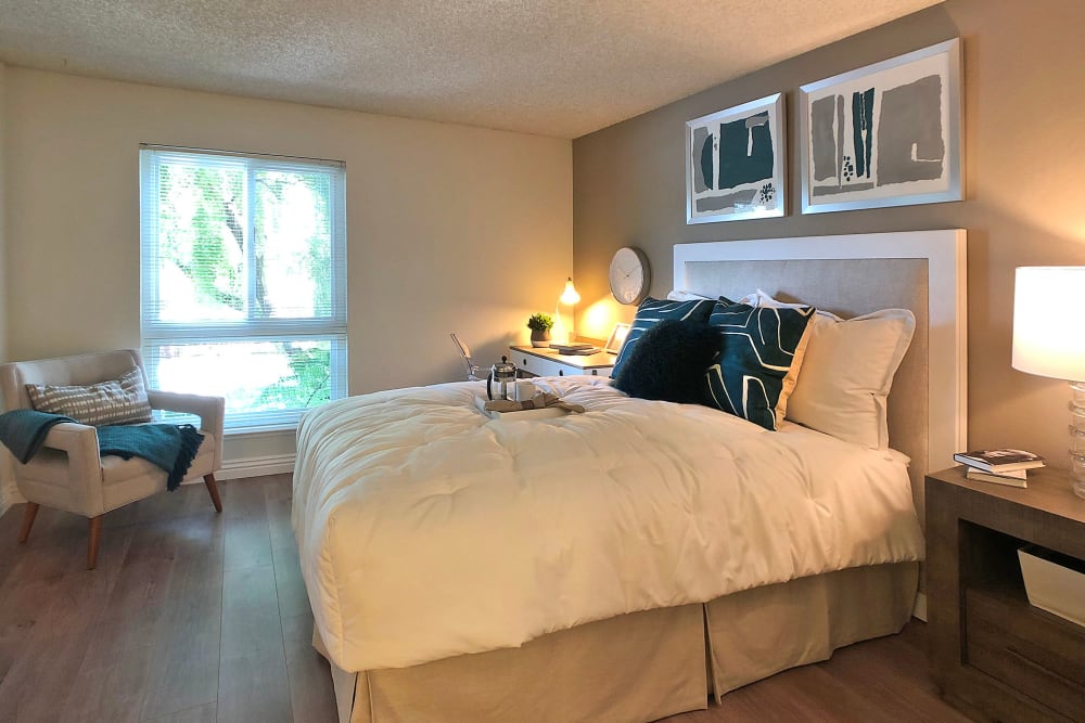 Cozy master bedroom at Newport Apartments in Campbell, California