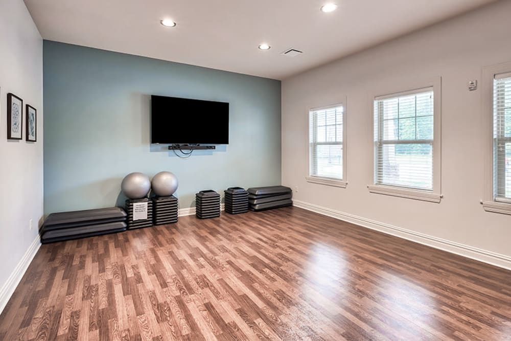 Yoga studio in the fitness center at Rochester Village Apartments at Park Place in Cranberry Township, Pennsylvania