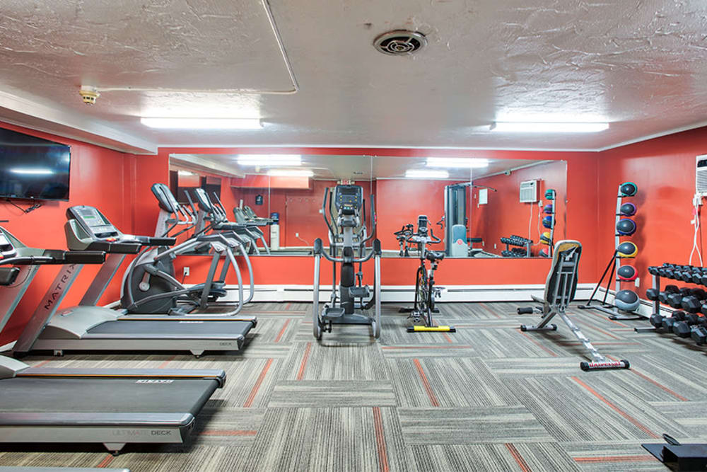 Spacious fitness center at Solon Club Apartments in Oakwood Village, Ohio