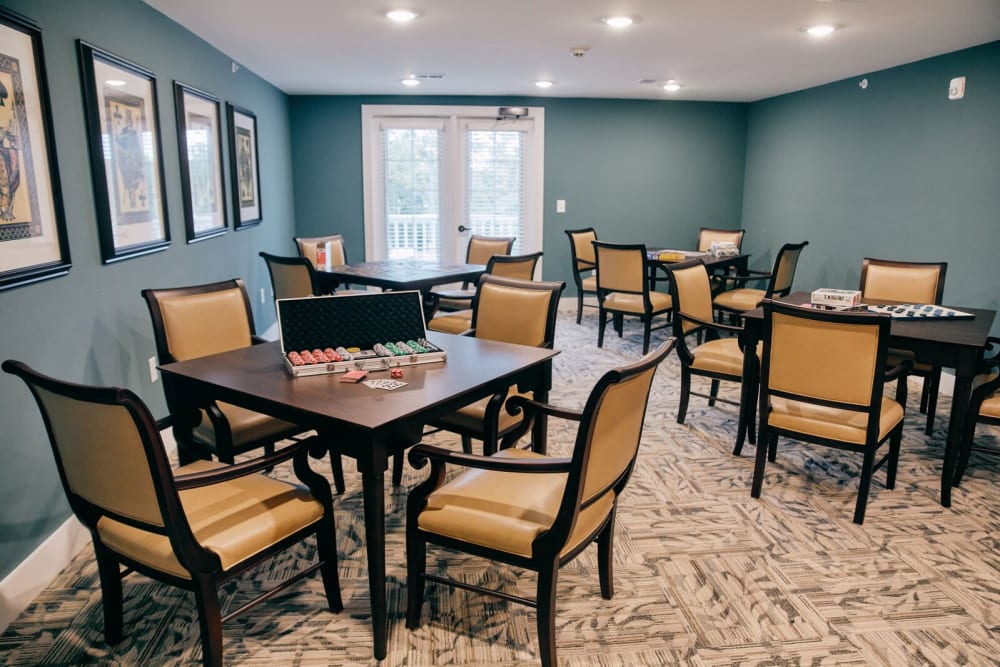 A common area is prepared for poker night at Harmony at West Ashley in Charleston, South Carolina