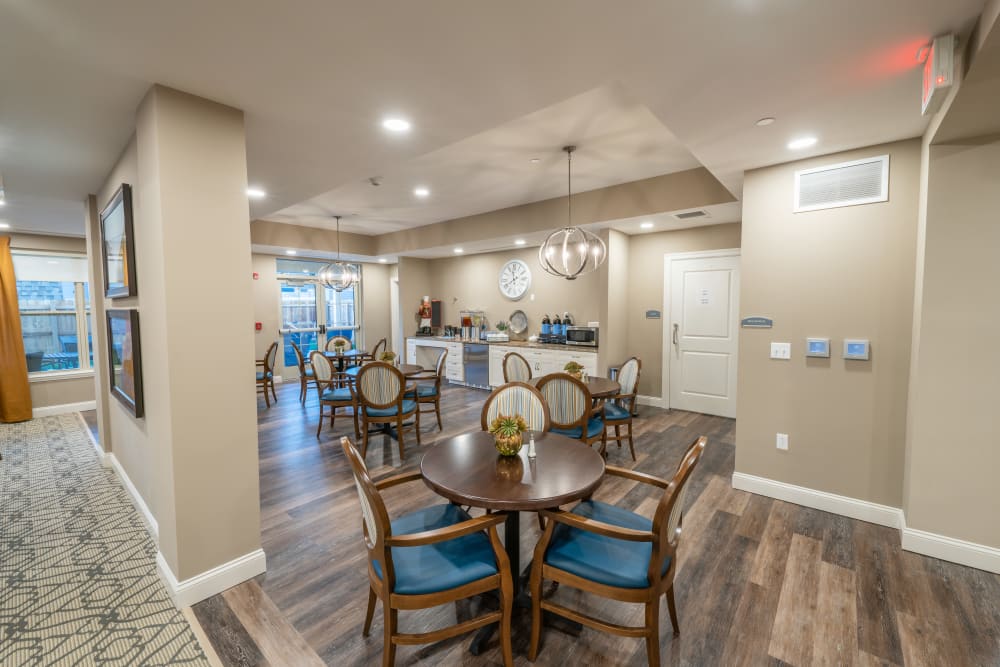 A dining area at Harmony at White Oaks in Bridgeport, West Virginia