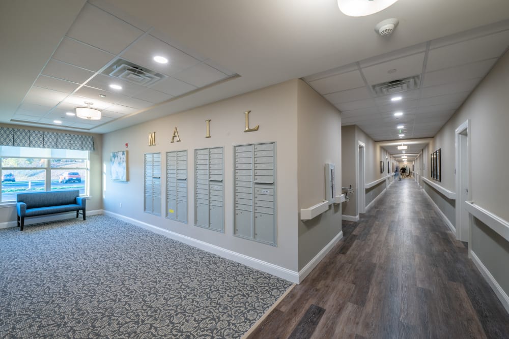 Mailboxes and a hallway at Harmony at White Oaks in Bridgeport, West Virginia