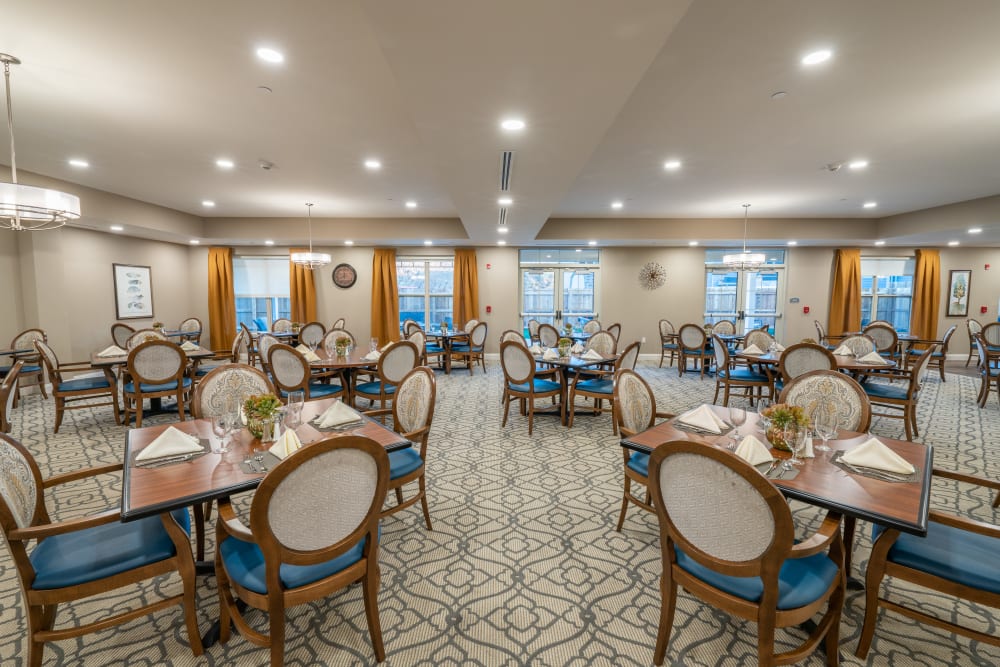 A dining area at Harmony at White Oaks in Bridgeport, West Virginia