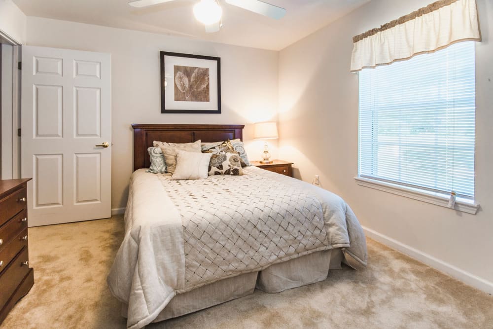 Large master bedroom with plush carpeting at Glade Creek Apartments in Roanoke, Virginia