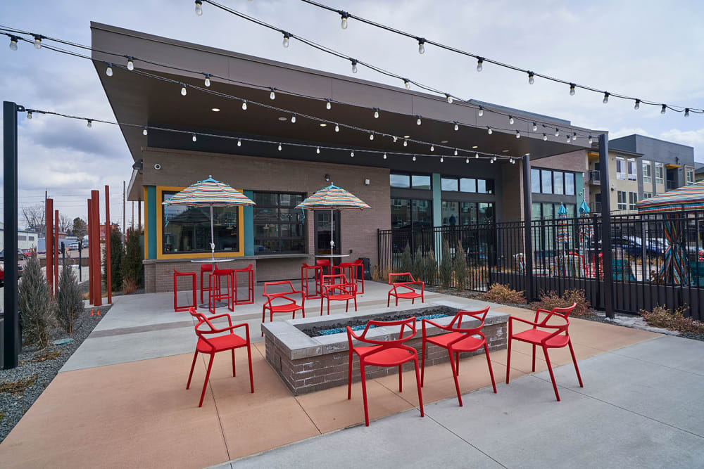 Outdoor lounge area at Encore Evans Station in Denver, Colorado