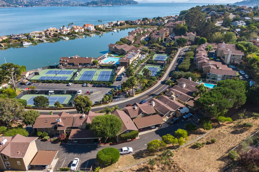 Aerial view of the community at Harbor Point Apartments in Mill Valley, California