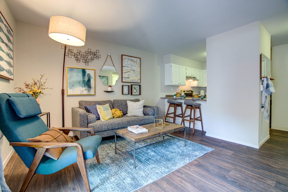 Hardwood floors and modern decor in a newly renovated model home at Terra Martinez in Martinez, California
