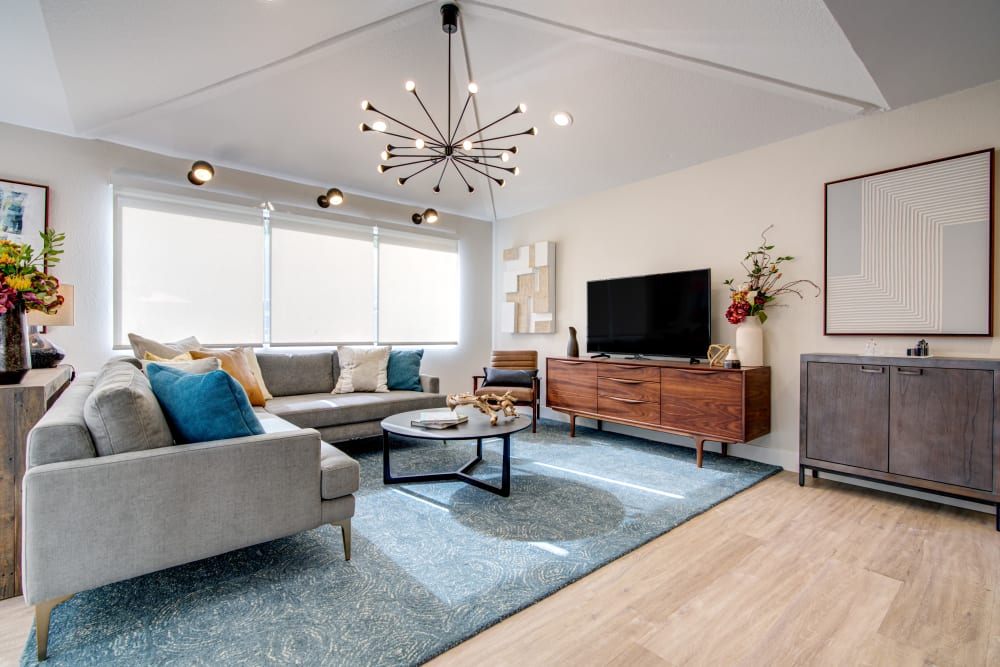 Lounge area with a flatscreen TV in the clubhouse at Terra Martinez in Martinez, California