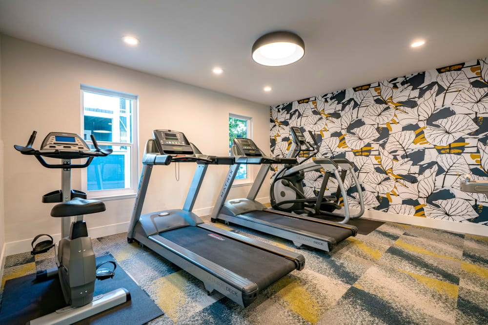 Treadmills and exercise bikes in the fitness center at Terra Martinez in Martinez, California
