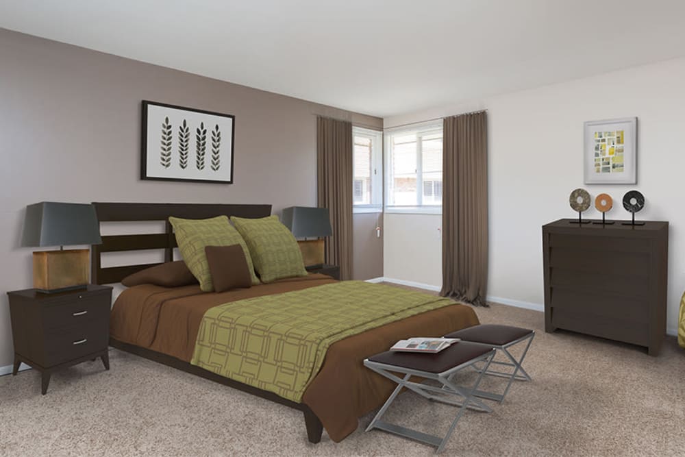 Beautifully designed bedroom at Raintree Island Apartments in Tonawanda, New York