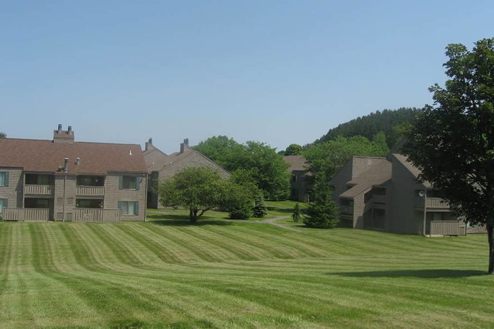 Lush landscaping at Steeplechase Apartments in Camillus, New York